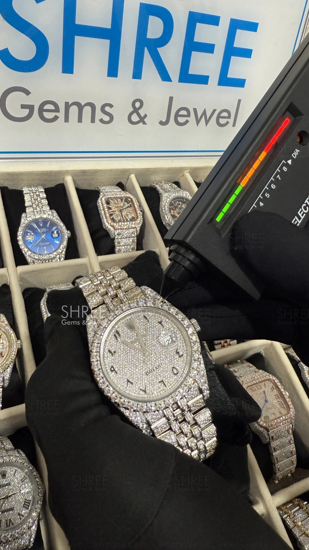 Moissanite Tester View of Men’s Iced Out Watch 41mm – Arabic Dial Jubilee