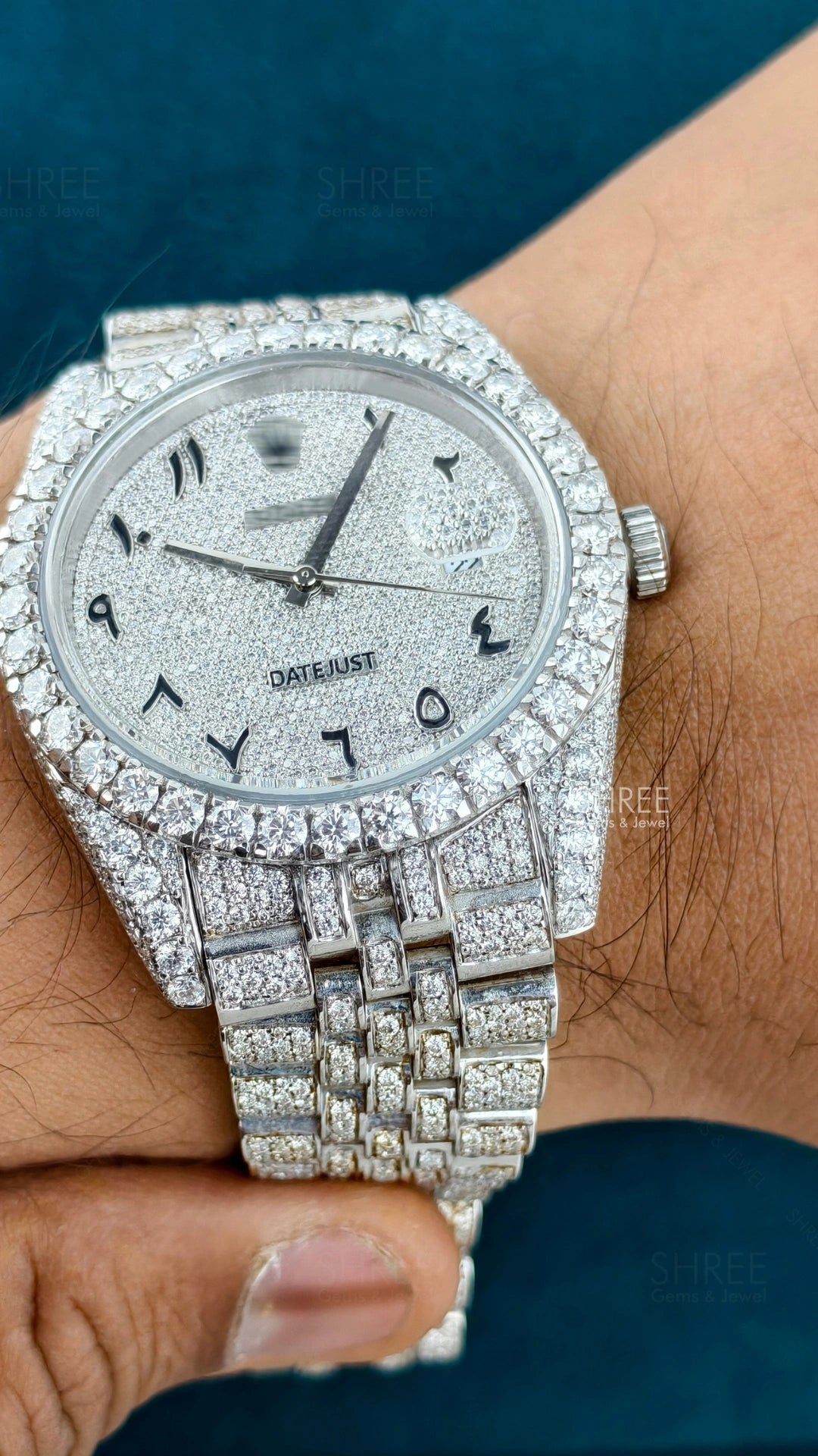 Close Wrist view of Men’s Iced Out Watch 41mm – Arabic Dial Jubilee