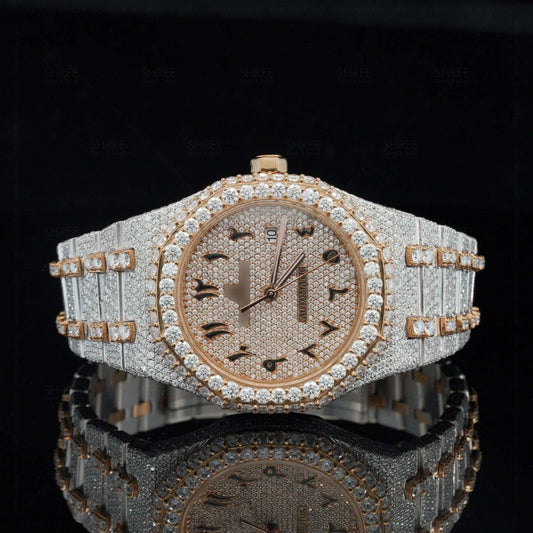 Front View of Arabic Numericals Automatic Moissanite Watch | 41MM | Rose Gold Tone