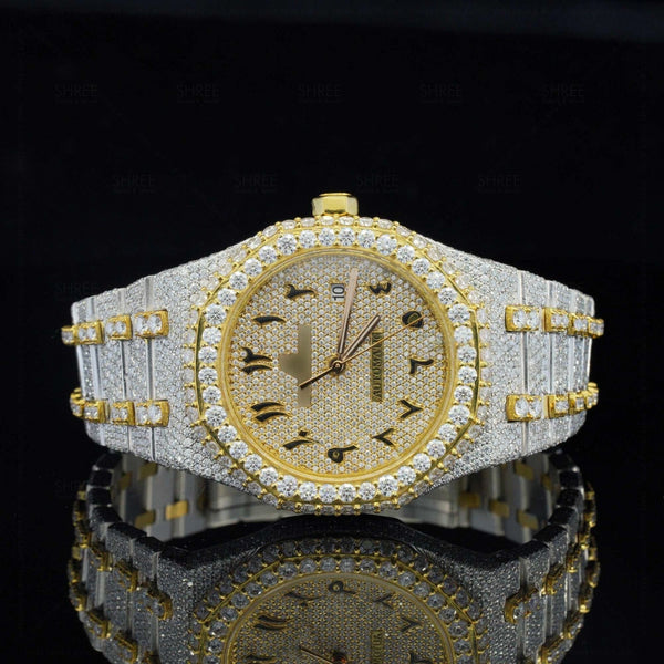 Front View of Arabic Automatic AP Moissanite Watch For Women | Yellow Gold Tone