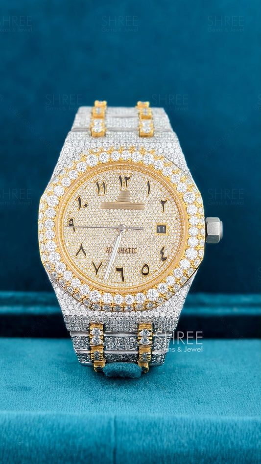 Front View of Automatic Moissanite Watch 41mm – Arabic Numerals Yellow Gold