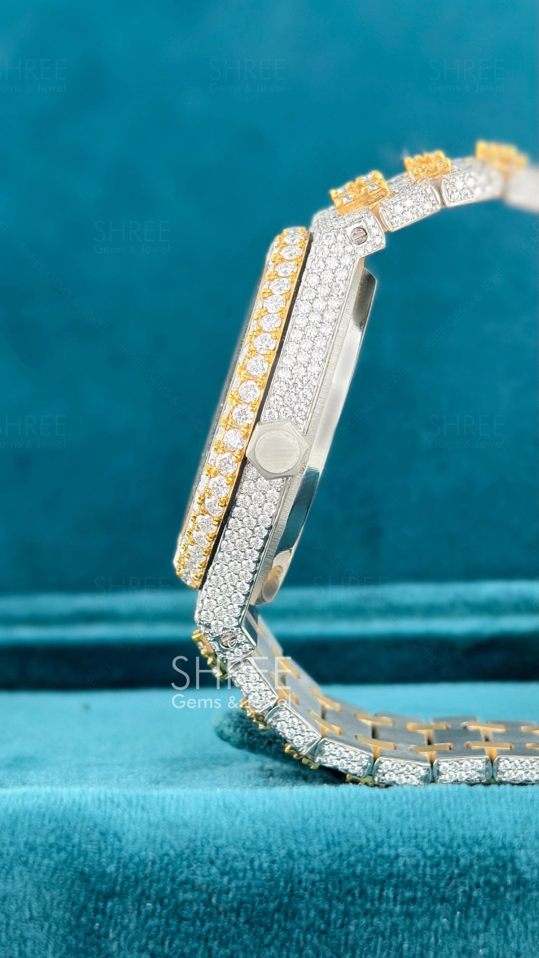Side view of Automatic Moissanite Watch 41mm – Arabic Numerals Yellow Gold