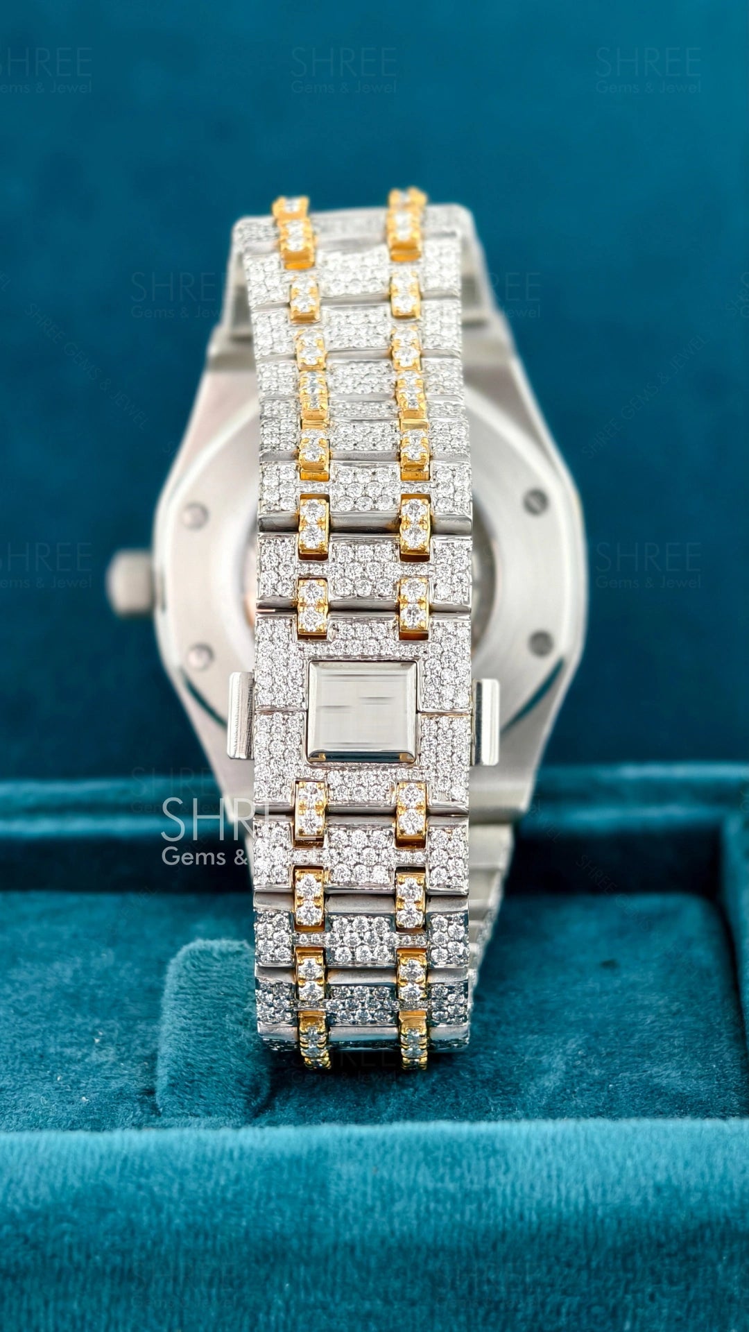 Back Side View of Automatic Moissanite Watch 41mm – Arabic Numerals Yellow Gold