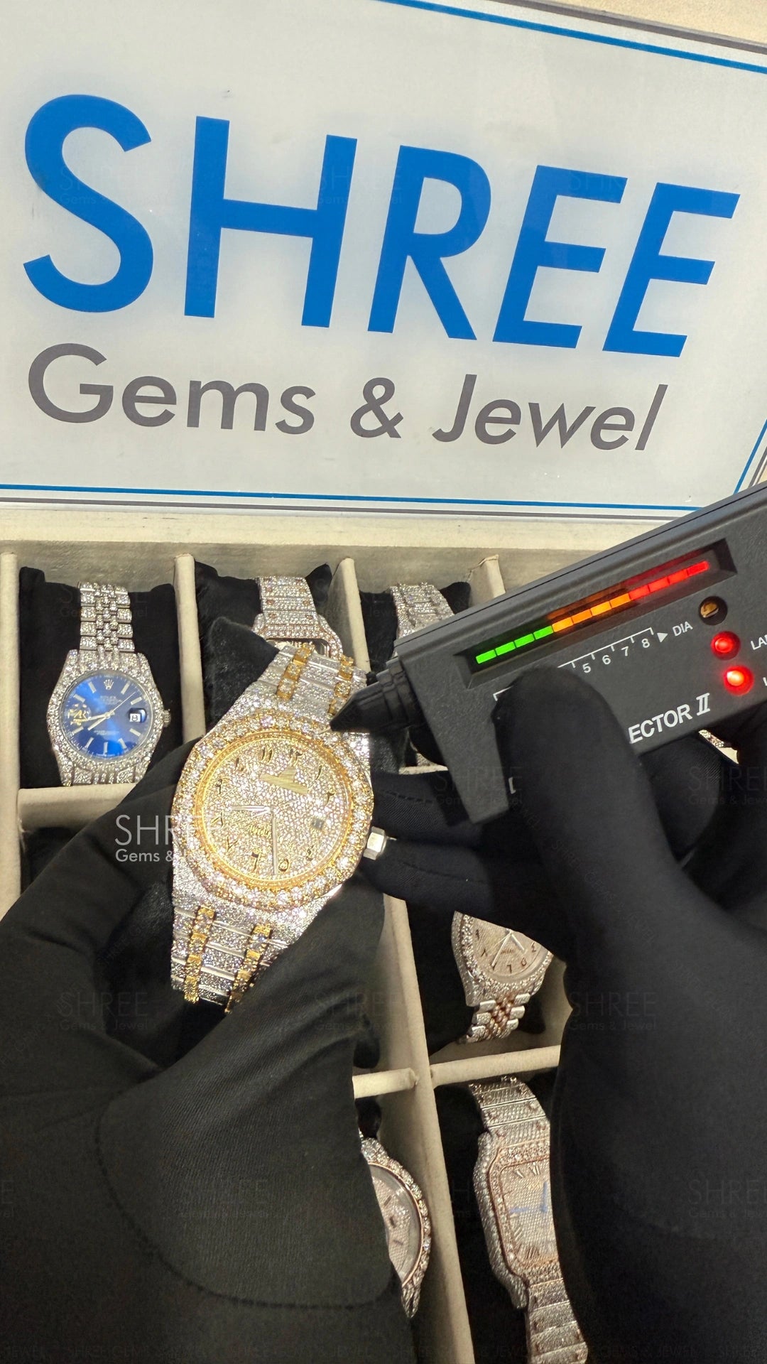 Moissanite Tester View of Automatic Moissanite Watch 41mm – Arabic Numerals Yellow Gold
