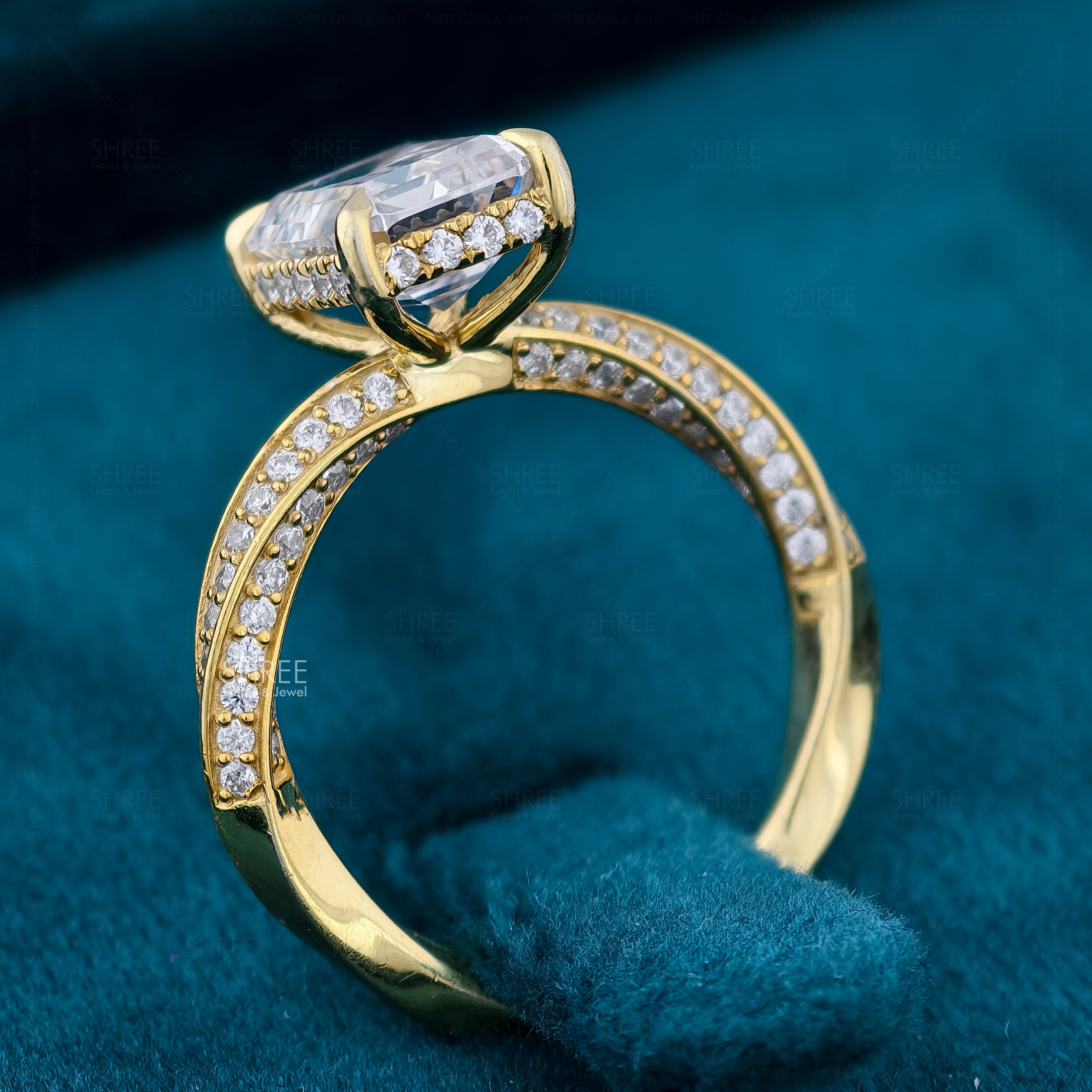 Emerald Cut Lab Diamond Hidden Halo Beautiful Gold Engagement Ring