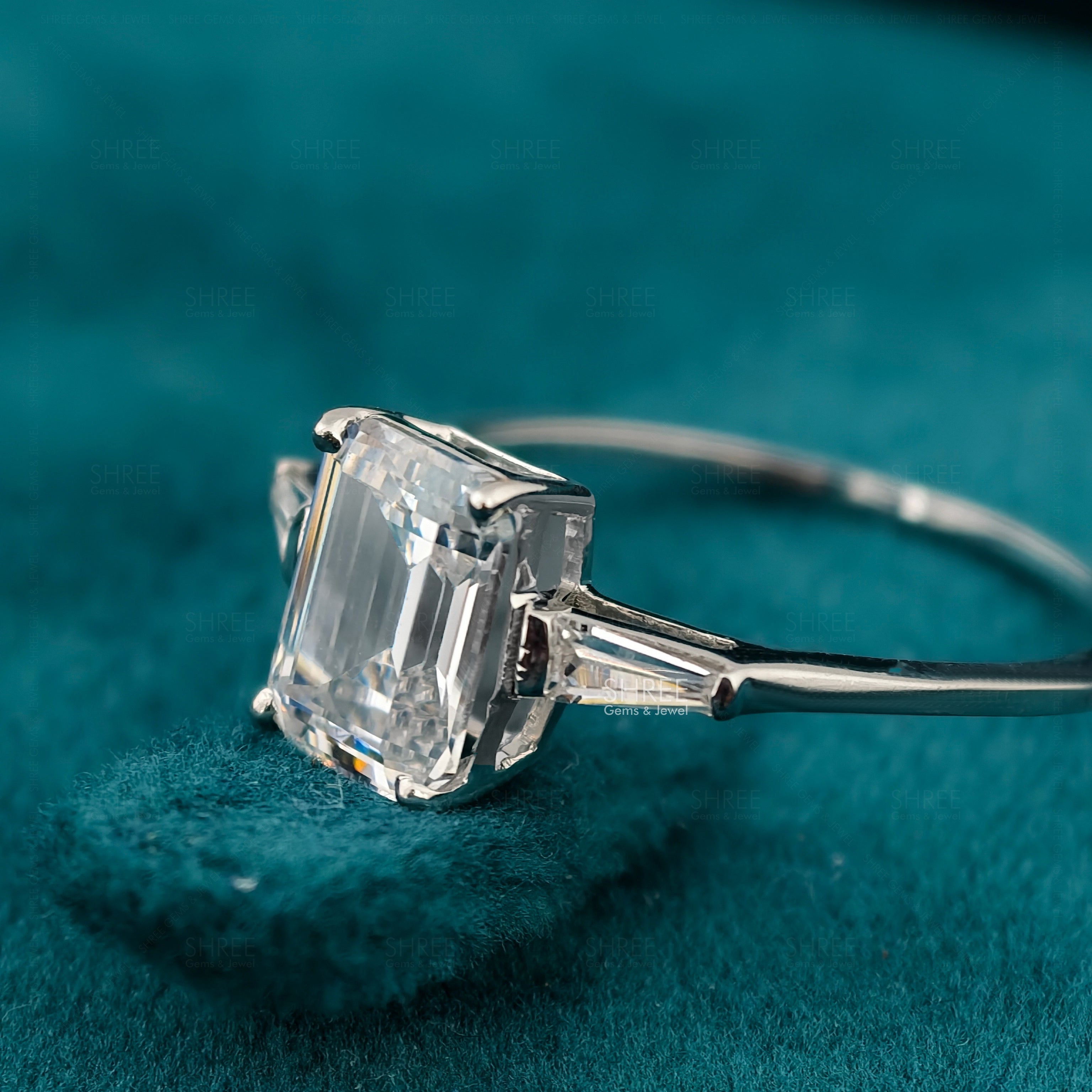 Emerald Cut Lab Grown Diamond 3 Stone Engagement Ring