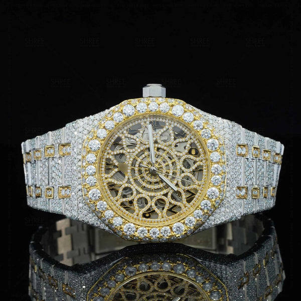 Front View of Automated Moissanite Watch with Black Arabic Number  41 MM  Yellow Gold Tone