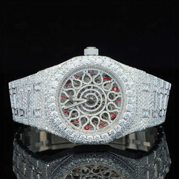 Front View of Automated Moissanite Watch with Red Arabic Number | 41 MM | White Gold Tone