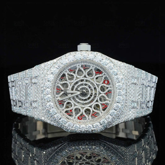 Front View of Automated Moissanite Watch with Red Arabic Number | 41 MM | White Gold Tone