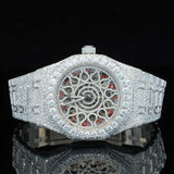 Front View of Automated Moissanite Watch with Red Arabic Number | 41 MM | White Gold Tone
