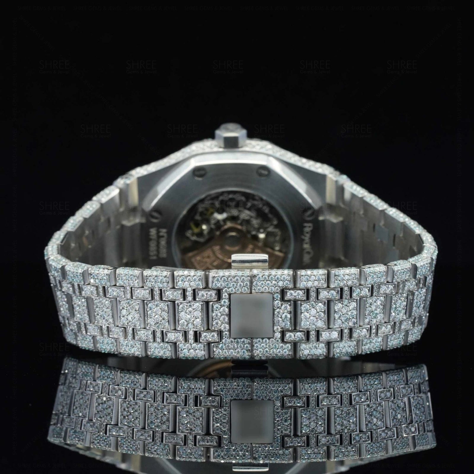 Back View of Automated Moissanite Watch with Red Arabic Number | 41 MM | White Gold Tone