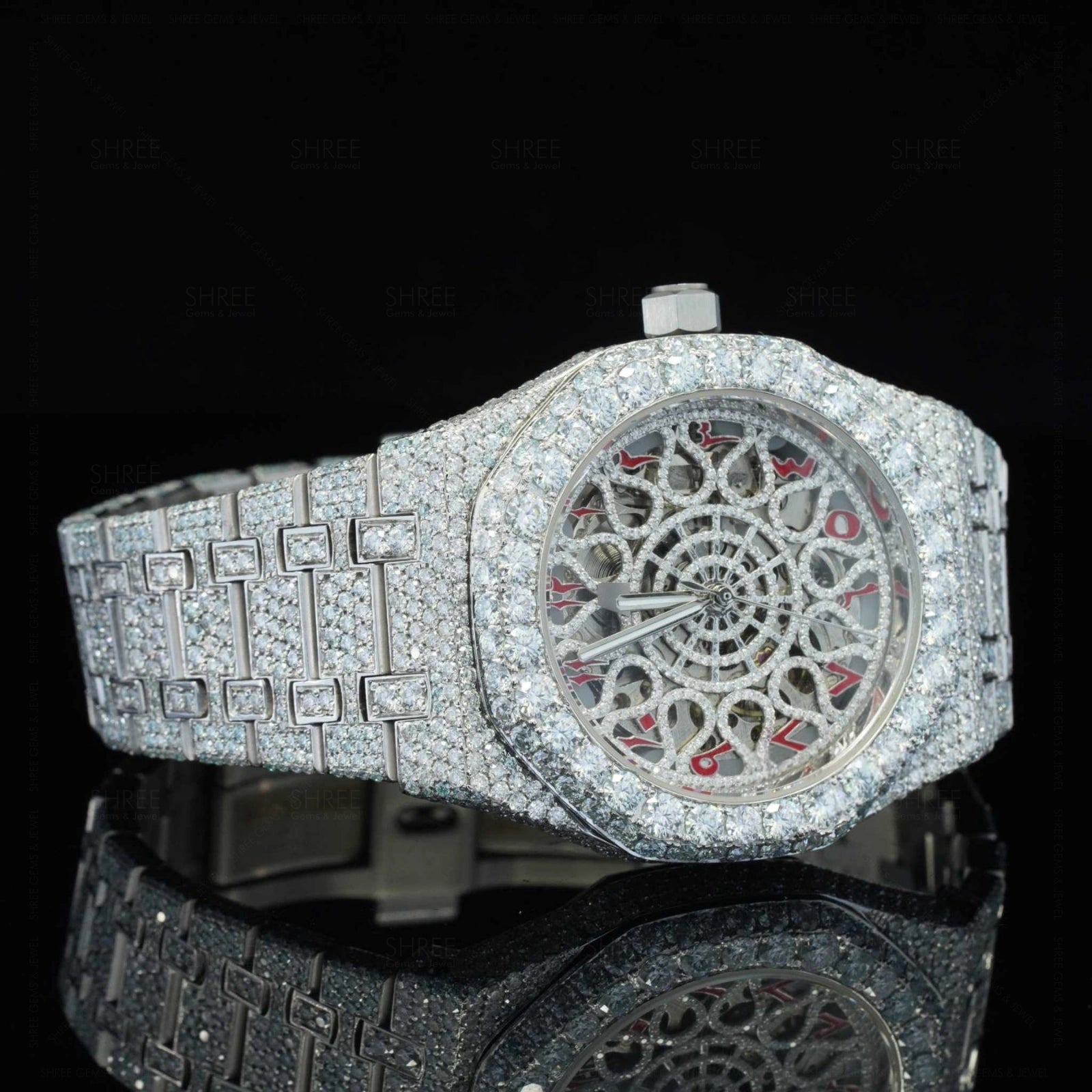 Side View of Automated Moissanite Watch with Red Arabic Number | 41 MM | White Gold Tone