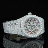 Side View of Automated Moissanite Watch with Red Arabic Number | 41 MM | White Gold Tone