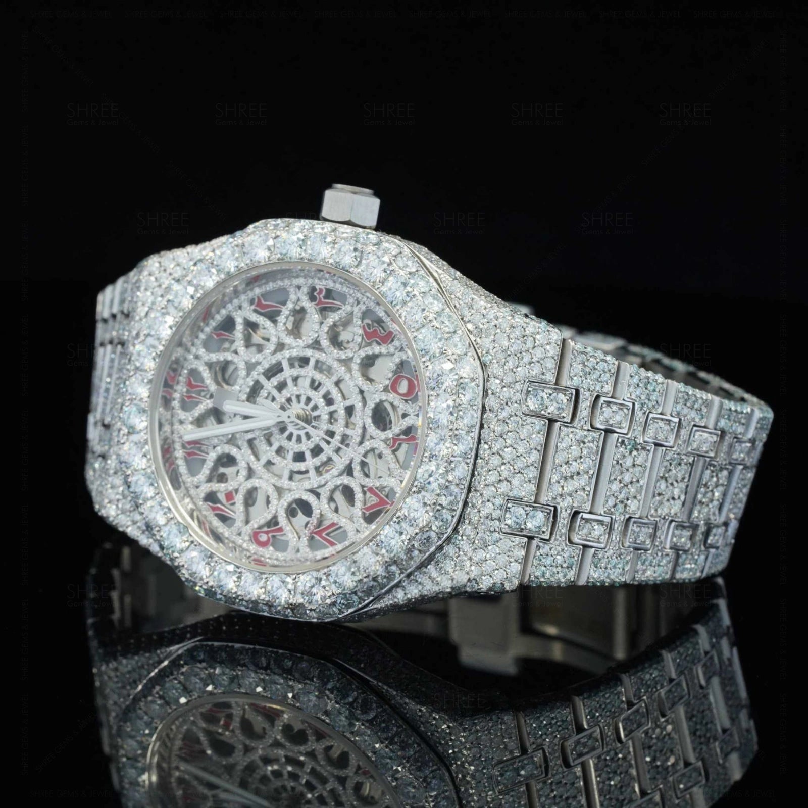 Closeup View of Automated Moissanite Watch with Red Arabic Number | 41 MM | White Gold Tone