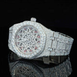 Closeup View of Automated Moissanite Watch with Red Arabic Number | 41 MM | White Gold Tone