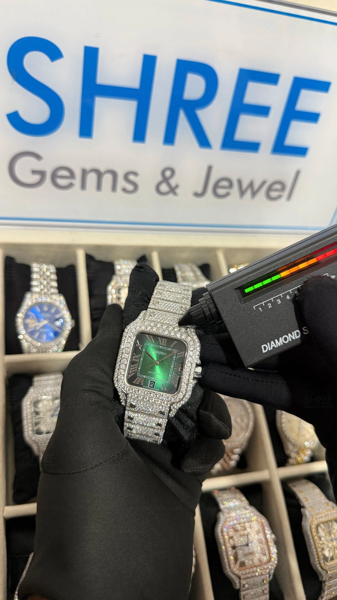 Moissanite tester View of Green Dial Moissanite Watch – Luxury Statement Design