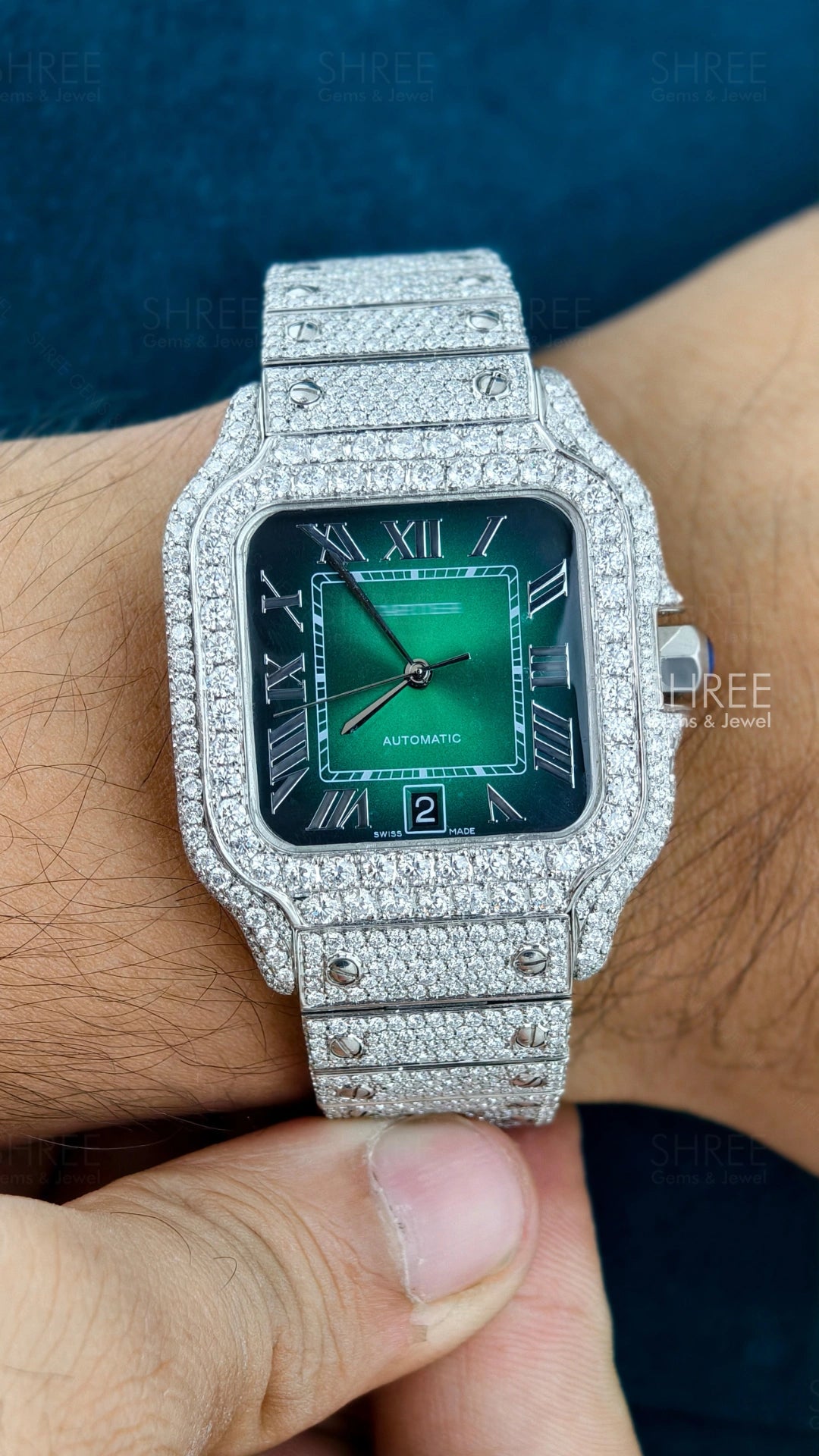 Hand View of Green Dial Moissanite Watch – Luxury Statement Design