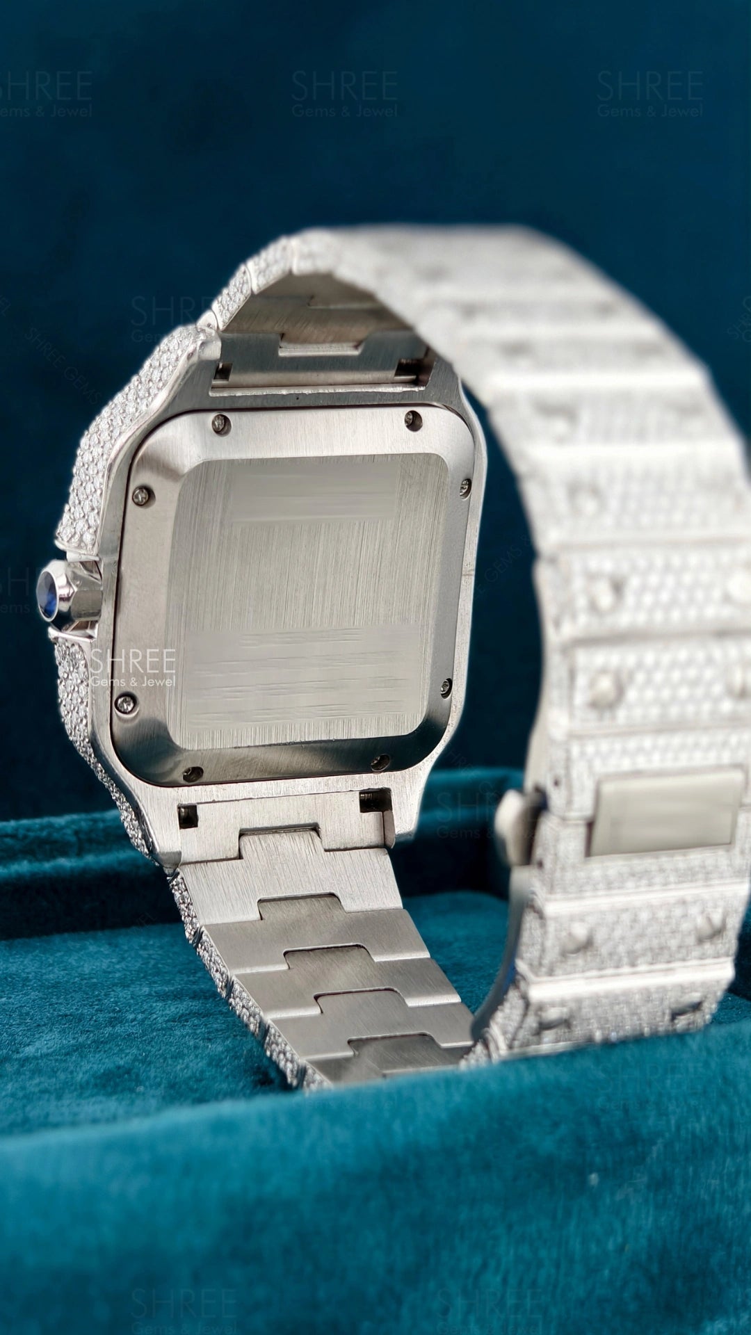 Back Case View of Green Dial Moissanite Watch – Luxury Statement Design