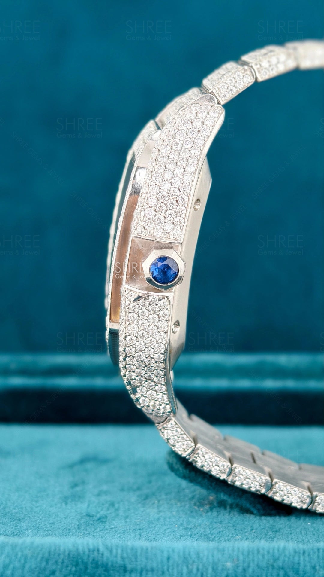 Side View of Green Dial Moissanite Watch – Luxury Statement Design