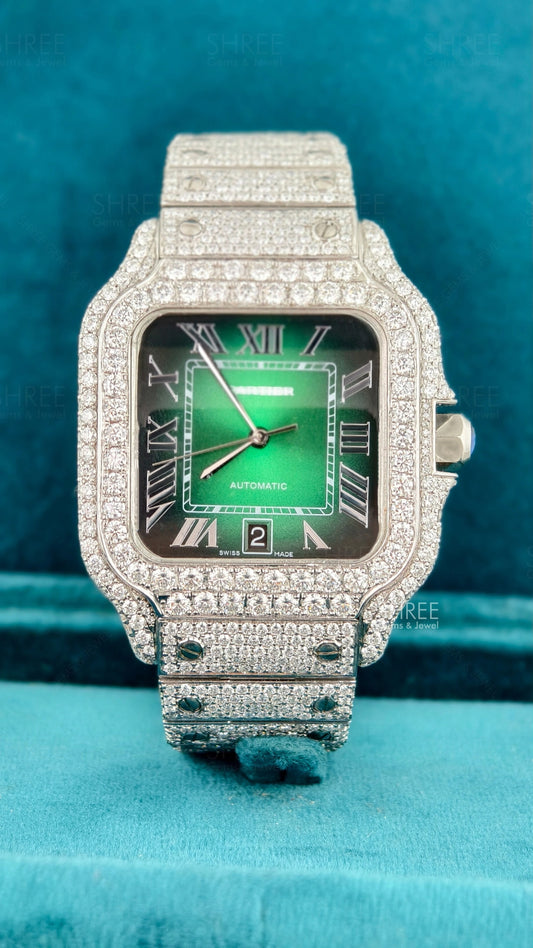 Front View of Green Dial Moissanite Watch – Luxury Statement Design