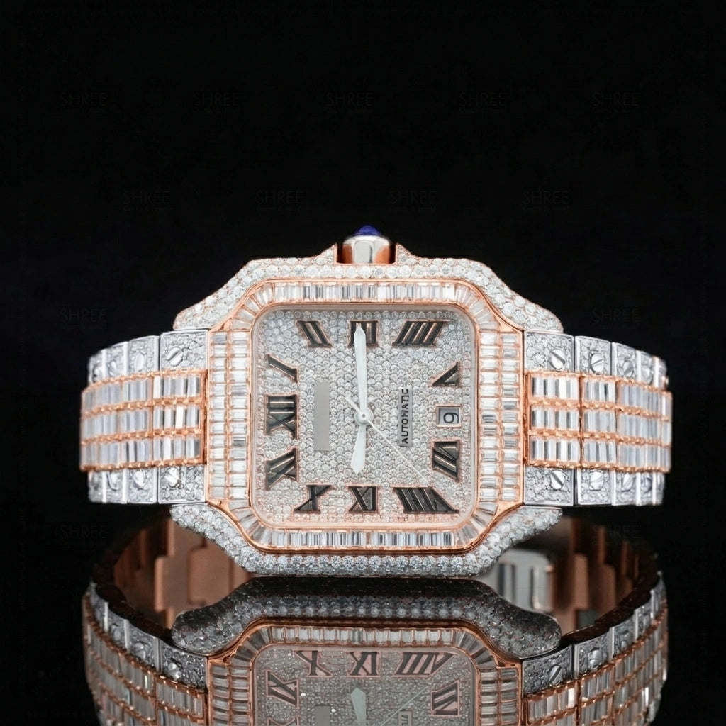 Front View of Baguette Cut Santos Style Watch 41mm – Rose Gold Tone Moissanite Dial