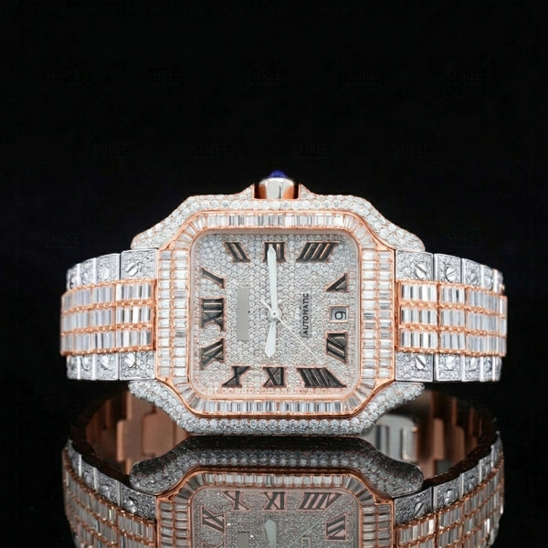 Front View of Baguette Cut Santos Style Watch 41mm – Rose Gold Tone Moissanite Dial