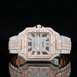 Front View of Baguette Cut Santos Style Watch 41mm – Rose Gold Tone Moissanite Dial