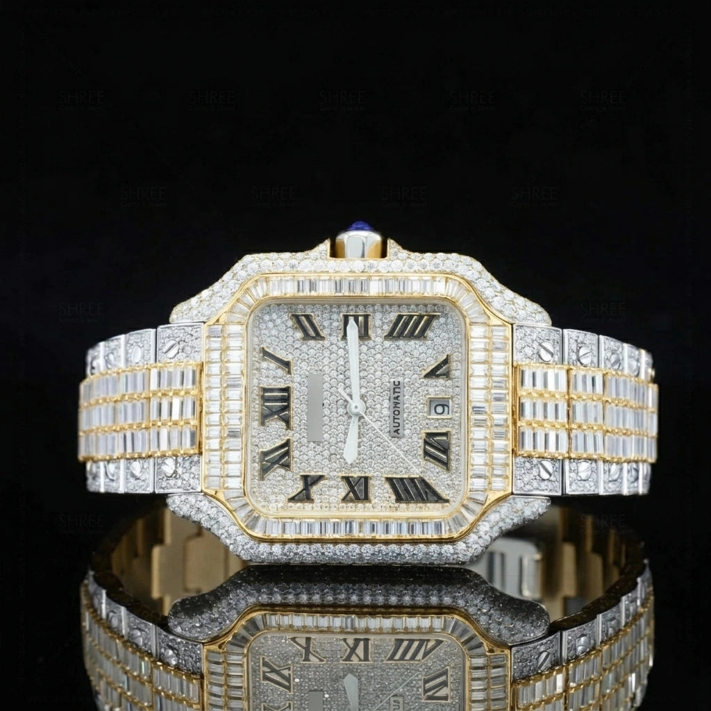 Front View of Baguette Cut Santos Style Watch 41mm – Yellow Gold Tone Moissanite Dial