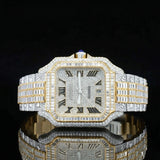 Front View of Baguette Cut Santos Style Watch 41mm – Yellow Gold Tone Moissanite Dial