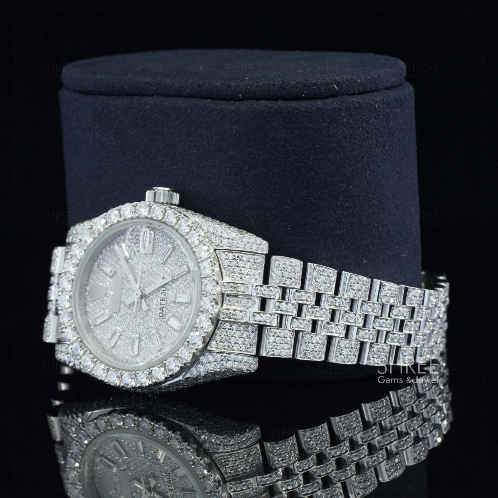 Side Face View of Baguette Dial Jubilee Bustdown Moissanite Watch
