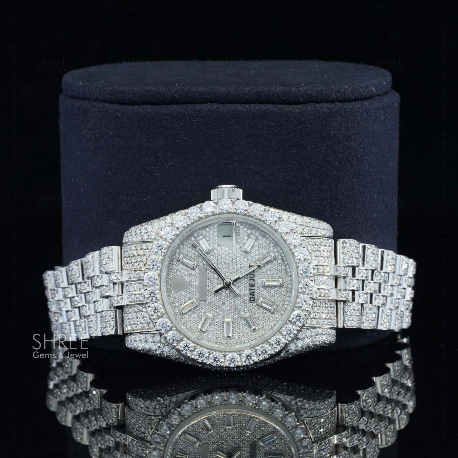 face view of Baguette Dial Jubilee Bustdown Moissanite Watch