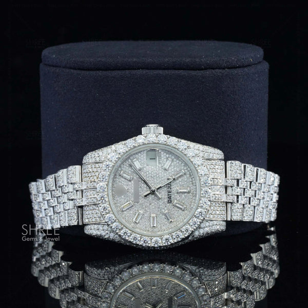 face view of Baguette Dial Jubilee Bustdown Moissanite Watch