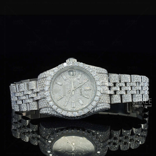 Front View of Baguette Dial Jubilee Bustdown Moissanite Watch