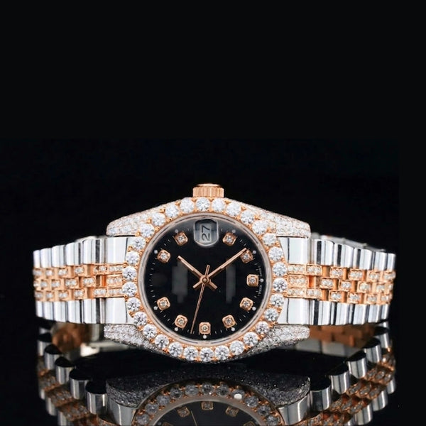 Front View of Black Dial Date Just Style Moissanite Watch  41 Mm  Rose Gold Tone