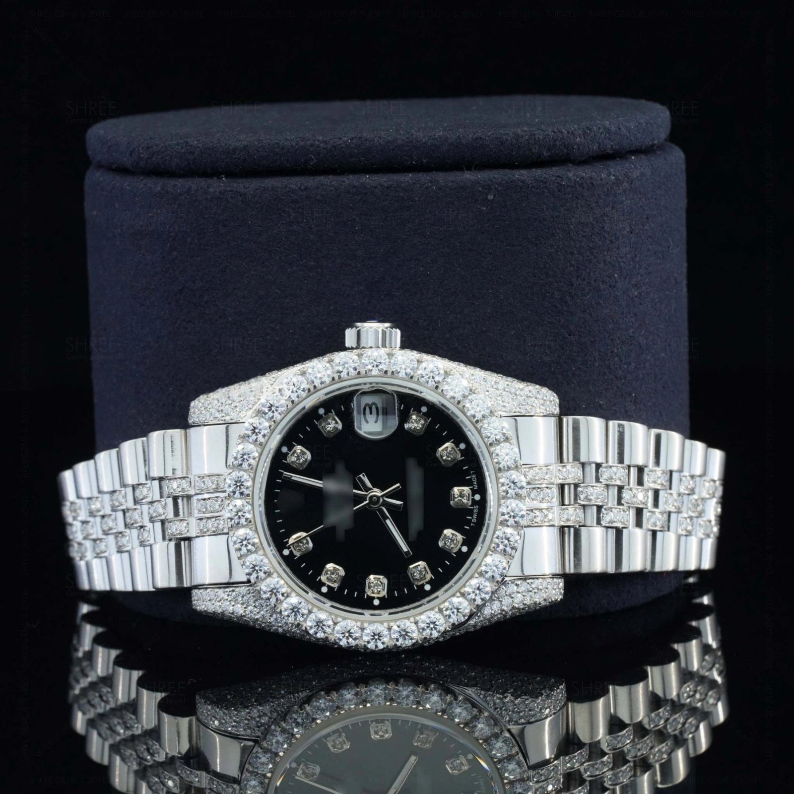 Face View of Black Dial Date Just Style Moissanite Watch  41 Mm  White Gold Tone