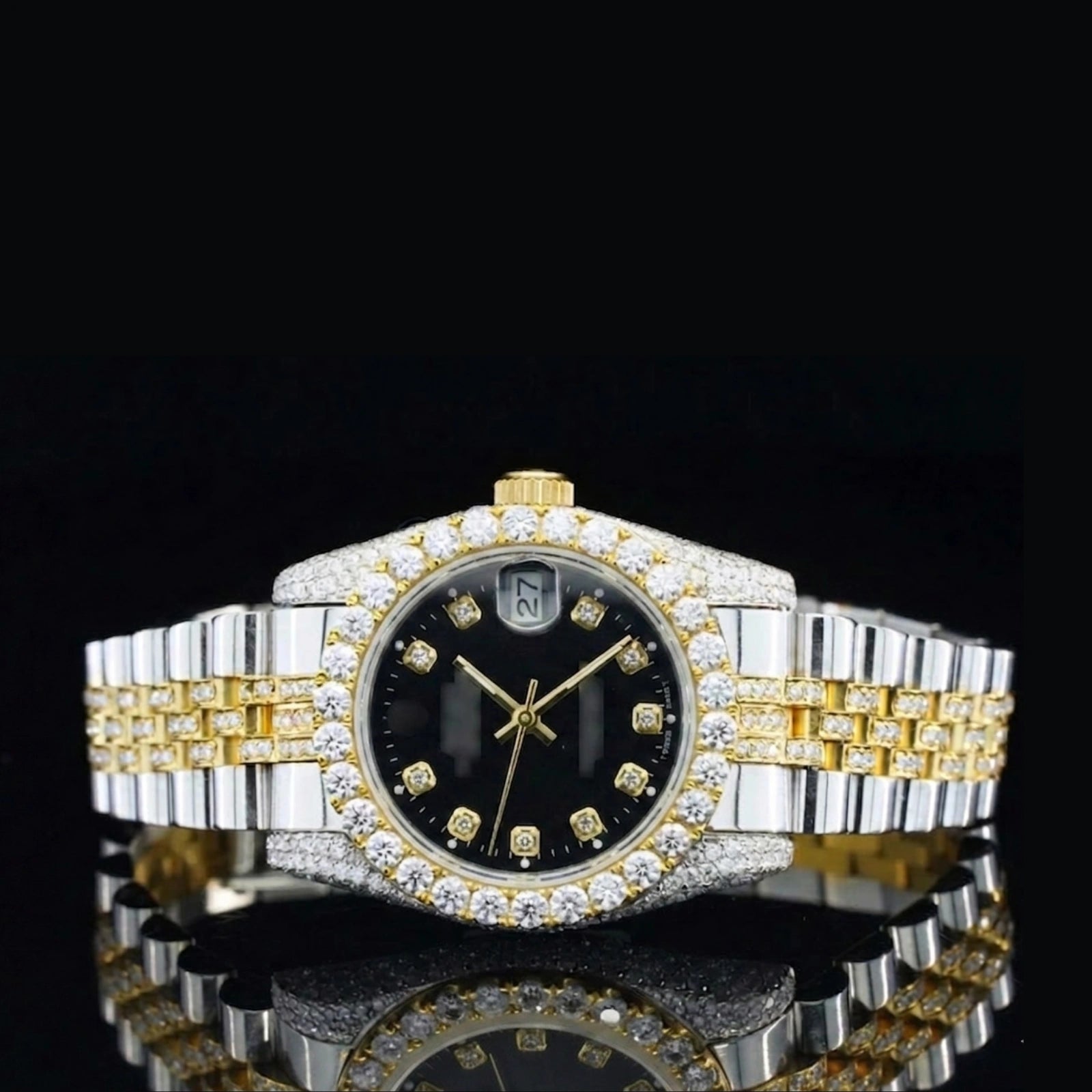 Front View of Black Dial Date Just Style Moissanite Watch  41 Mm  Yellow Gold Tone