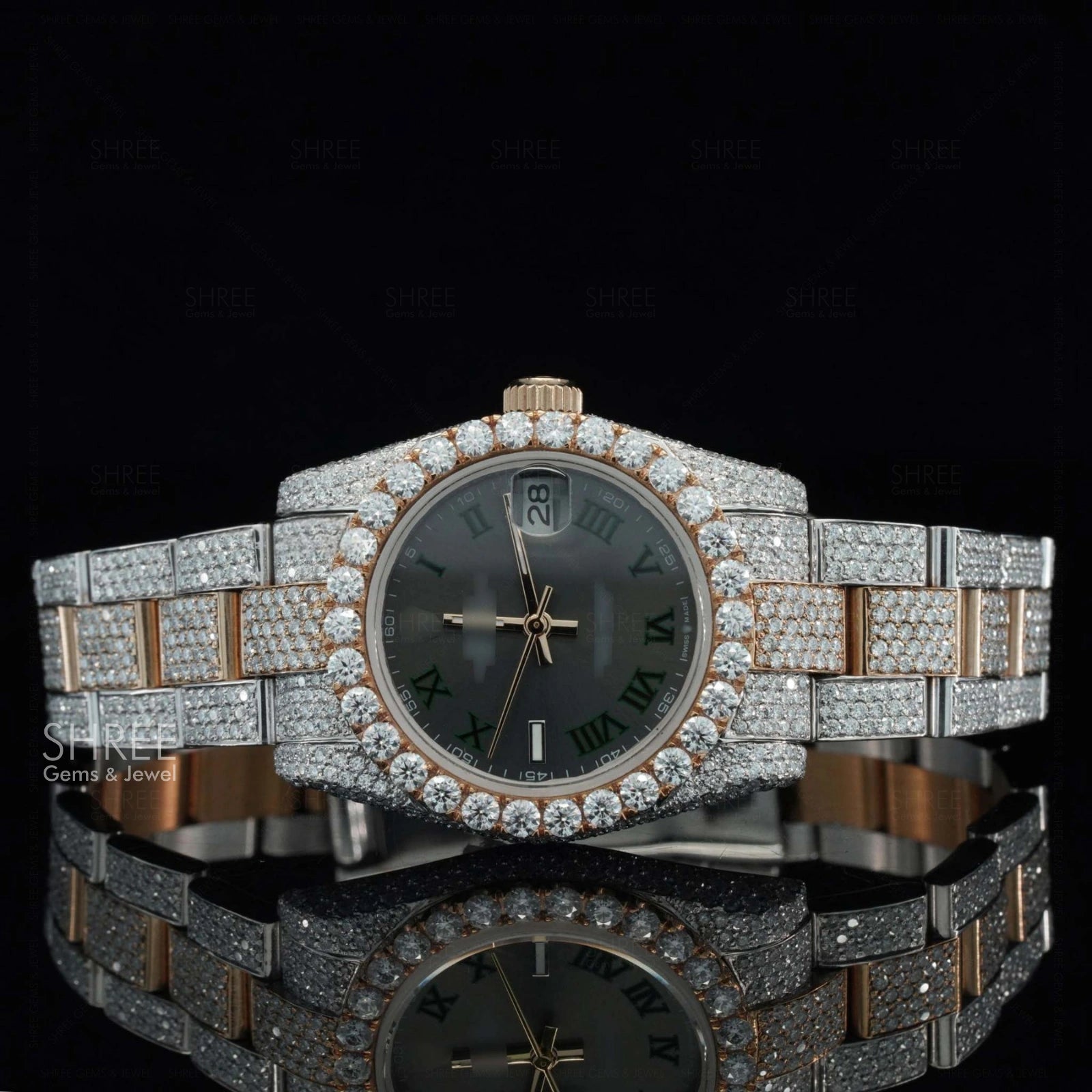 Front View of Black Roman Dial Moissanite Watch | Rose Tone Luxury Pave Watch