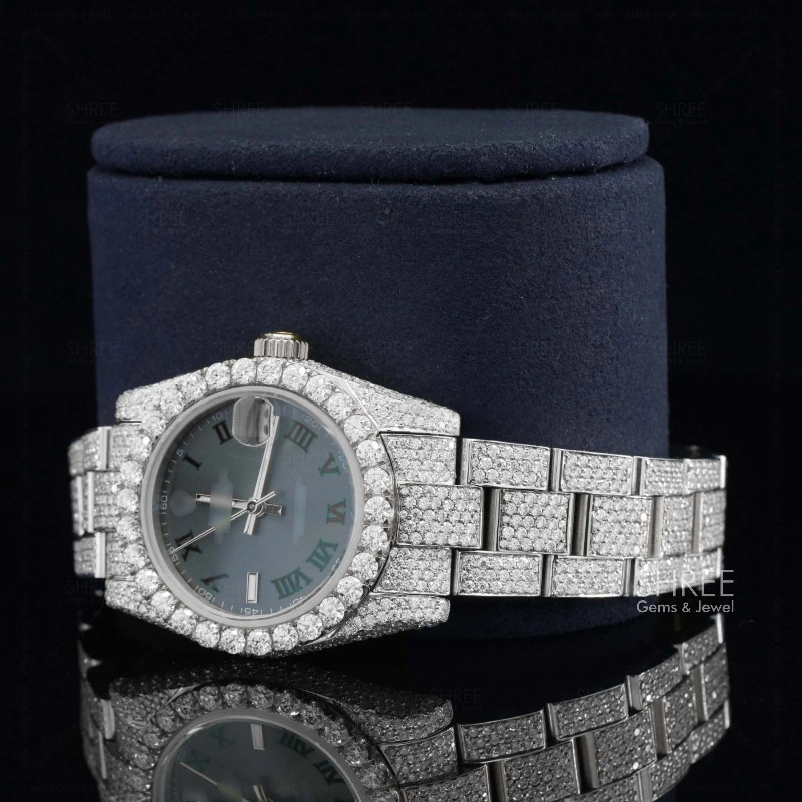 Side angle of Black Roman Dial Moissanite Watch | White Tone Luxury Pave Watch
