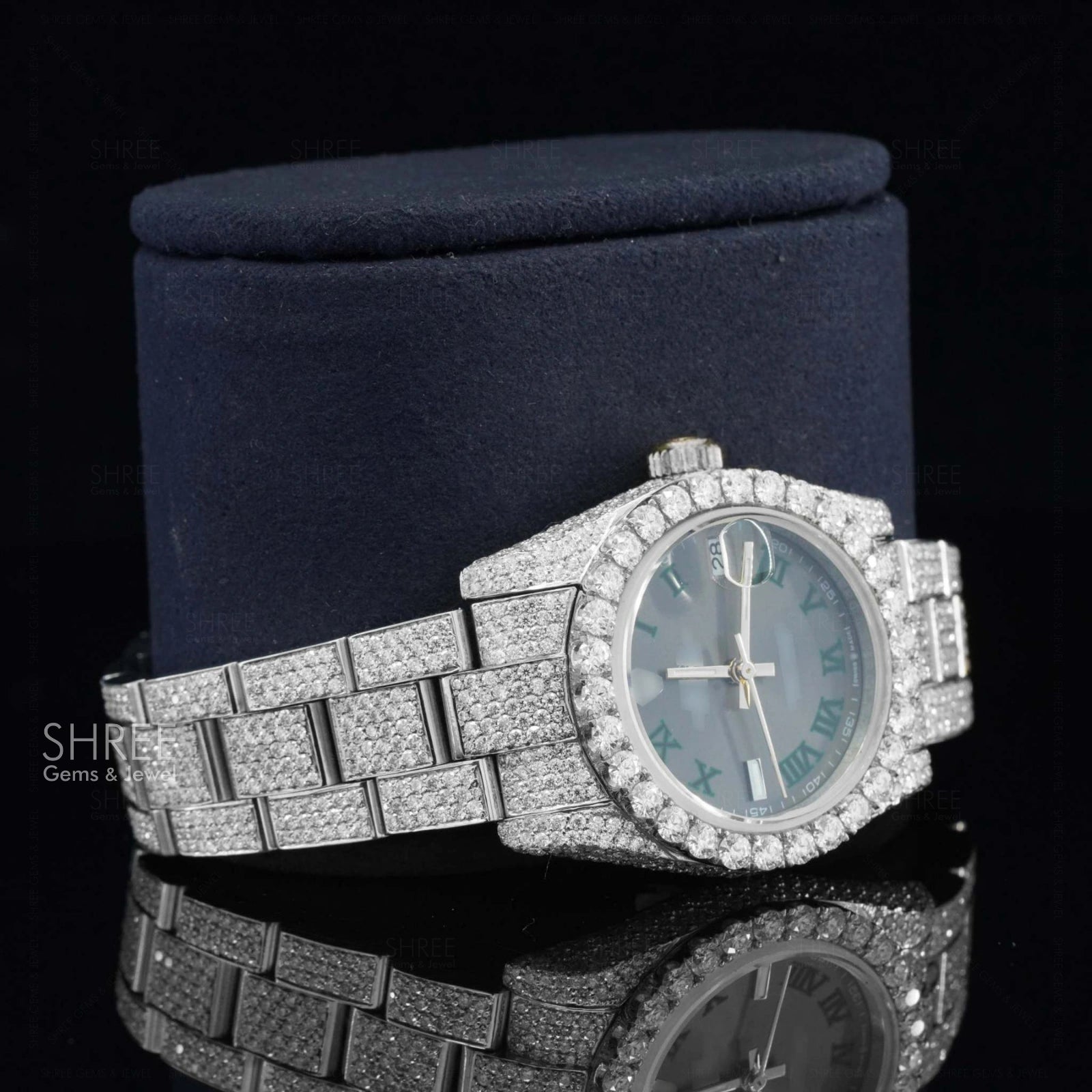 Side View of Black Roman Dial Moissanite Watch | White Tone Luxury Pave Watch