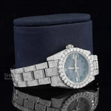Side View of Black Roman Dial Moissanite Watch | White Tone Luxury Pave Watch