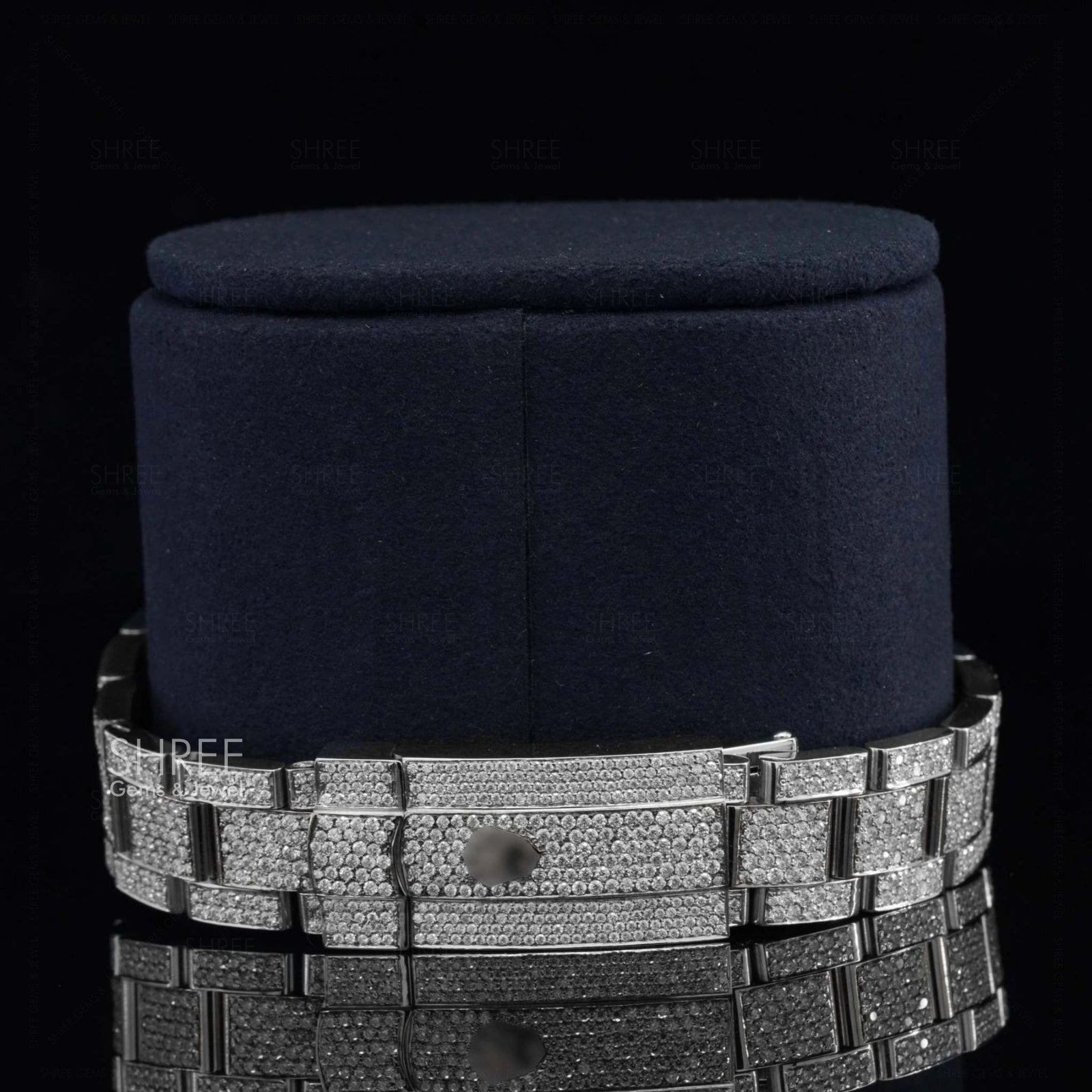 Back side View of Black Roman Dial Moissanite Watch | White Tone Luxury Pave Watch
