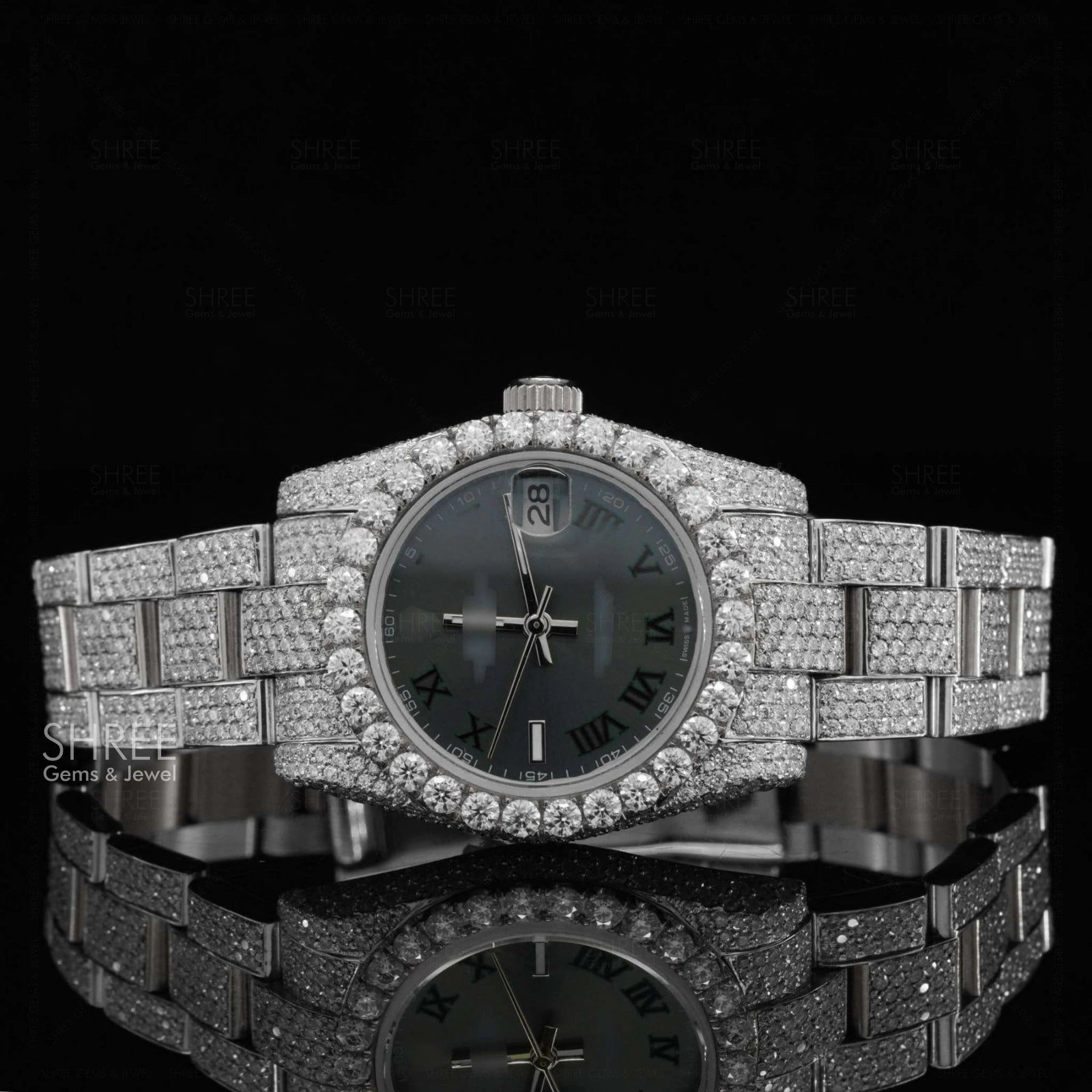 Front View of Black Roman Dial Moissanite Watch | White Tone Luxury Pave Watch