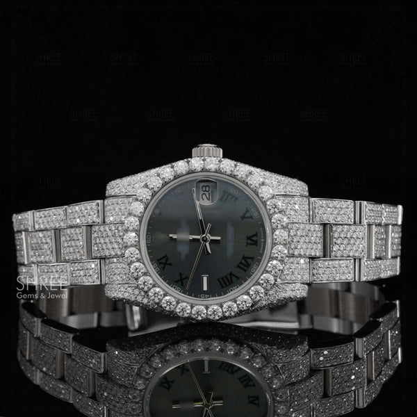 Front View of Black Roman Dial Moissanite Watch | White Tone Luxury Pave Watch