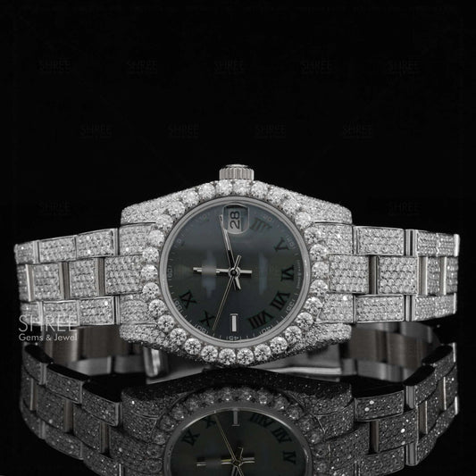 Front View of Black Roman Dial Moissanite Watch | White Tone Luxury Pave Watch