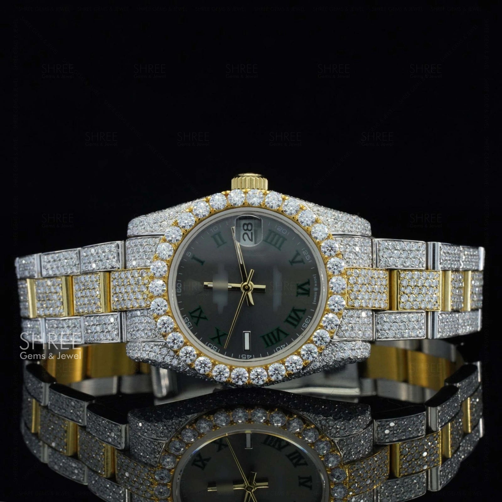 Front View of Black Roman Dial Moissanite Watch | Yellow Tone Luxury Pave Watch