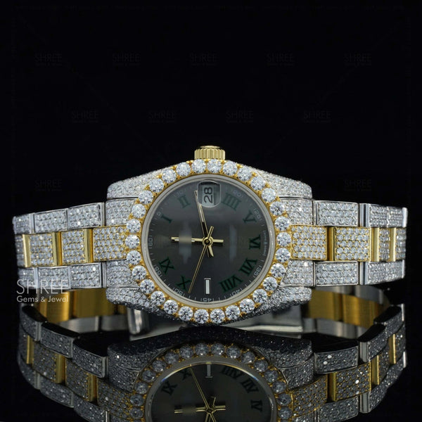 Front View of Black Roman Dial Moissanite Watch | Yellow Tone Luxury Pave Watch