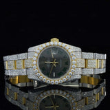 Front View of Black Roman Dial Moissanite Watch | Yellow Tone Luxury Pave Watch