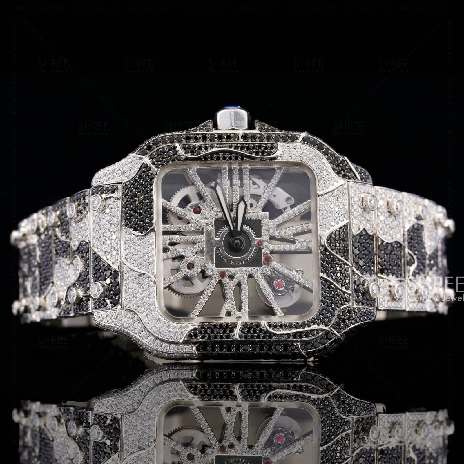 Front View of Black & White Skeleton Moissanite Watch – Fully Iced 41MM