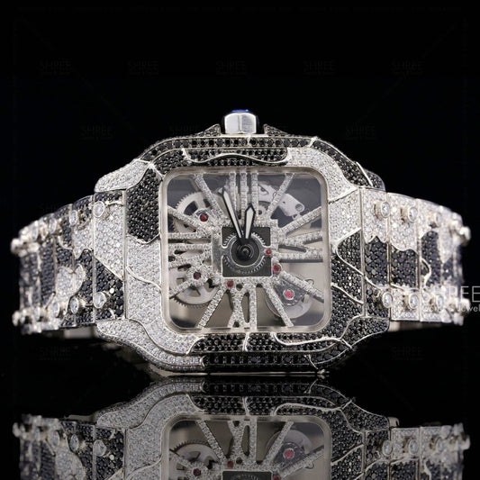 Front View of Black & White Skeleton Moissanite Watch – Fully Iced 41MM