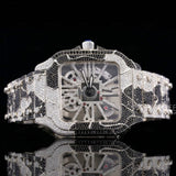 Front View of Black & White Skeleton Moissanite Watch – Fully Iced 41MM